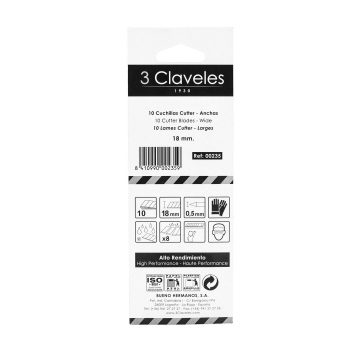 Trasera del blister de 10 hojas de recambio de 18 mm para cuter – 3 Claveles 235