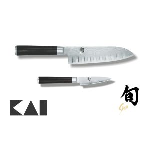 Lote de 2 cuchillos KAI Shun Damasco formado por el Santoku Alveolado DM-0718 y el Mondador DM-0700