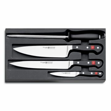 Estuche de 3 cuchillos forjados y chaira – Mango negro – Wüsthof Classic 9750