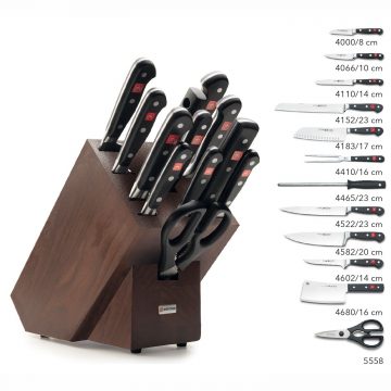 Juego de cuchillos en taco de madera oscura – 10 cuchillos, chaira y tijeras de cocina – Listado del contenido – Wüsthof Classic 9847