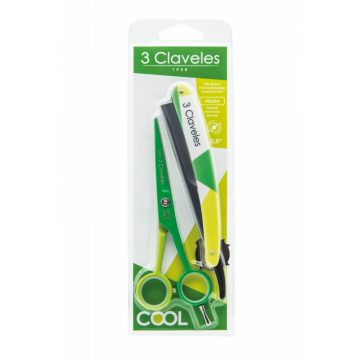 Anverso del blister del kit de tijeras de peluquería de Corte de 5,5″ y navaja – 3 Claveles Cool Verde 18179 – Cuchillalia