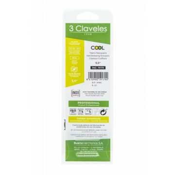 Reverso del blister del kit de tijeras de peluquería de Corte de 5,5″ y navaja – 3 Claveles Cool Verde 18179 – Cuchillalia