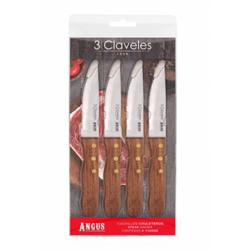 3 Claveles 1047 – Set de 4 cuchillos chuleteros Angus de filo dentado – Cuchillalia
