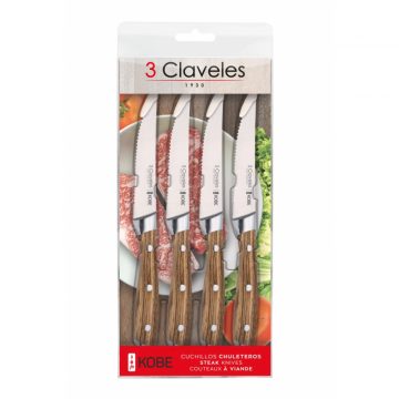 3 Claveles 1046 – Set de 4 cuchillos chuleteros Kobe de filo dentado – Cuchillalia