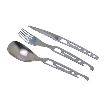 Cuchara, tenedor y cuchillo del set de cubiertos de camping/viajes Basecamp Baladéo – Cuchillalia