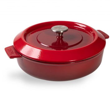 Cocotte de hierro fundido de 28 cm con tapa sin las asas de silicona puestas – Woll Rojo Chili – Cuchillalia