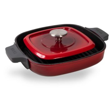 Parrilla de hierro colado de 24×24 cm con tapa y asas de silicona – Woll Rojo Chili – Cuchillalia