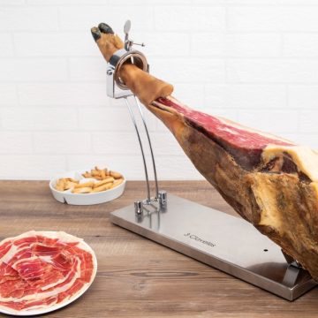 Soporte jamonero plegable con base de acero inoxidable – 3 Claveles INOX PRO 1737 con plato de jamón