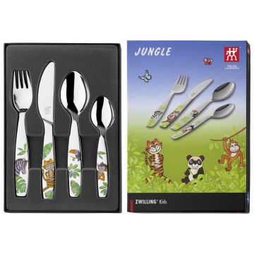 Set de 4 cubiertos para niño Zwilling Kids Jungle de colores en la caja abierta – Cuchillalia.com