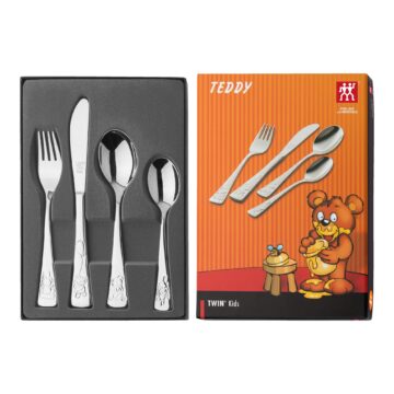 Caja abierta del set de 4 cubiertos para niño Zwilling Kids Teddy – Cuchillalia.com