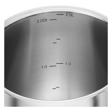 Detalle de las marcas de capacidad del cazo de leche de acero inoxidable de 2 litros Zwilling PRO – Cuchillalia.com