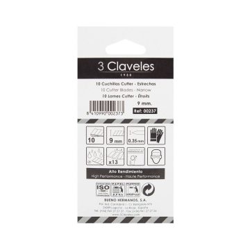 Trasera del blister de 10 hojas de recambio de 9 mm para cuter – 3 Claveles 237