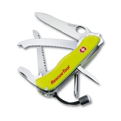 Navaja Victorinox Rescue Tool amarilla abierta mostrando hoja de corte, destornillador y pinzas integradas