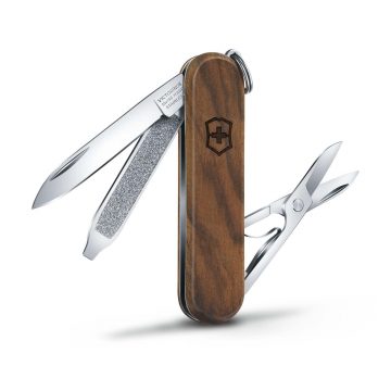 Navaja multiusos con mango de madera modelo Victorinox Classic SD Wood, abierta, con 5 funciones – Cuchillalia.com