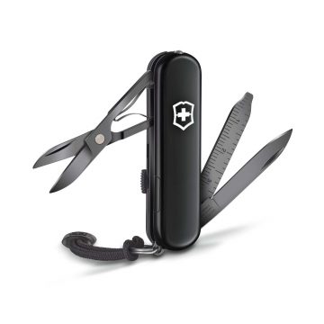 Navaja multiusos Victorinox Signature Lite Onyx Black, abierta, de color negro, con 9 funciones – Cuchillalia.com