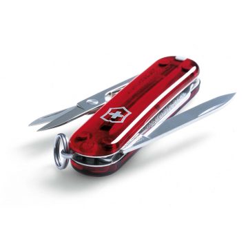 Navaja multiusos abierta Victorinox Signature roja transparente con 8 funciones – Cuchillalia.com
