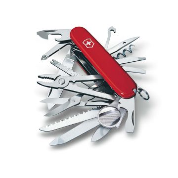 Navaja multiusos Victorinox Swiss Champ roja completamente abierta con 32 funciones – Cuchillalia.com