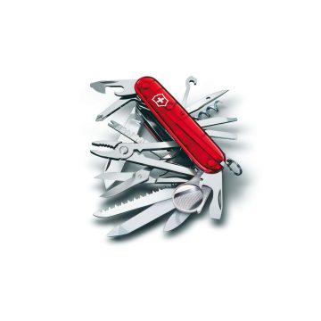 Navaja multiusos Victorinox Swiss Champ roja transparente completamente abierta con 32 funciones – Cuchillalia.com