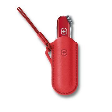 Funda de cuero rojo con colgador para el cuello con mininavaja Victorinox – Cuchillalia.com