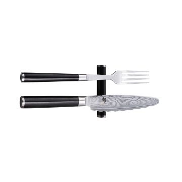 KAI Shun Damasco DM-0908 – Set cuchillo dentado de mesa con hoja de acero de damasco y tenedor con soporte – Cuchillalia.com