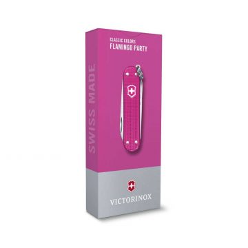 Envase de la navaja multiusos Victorinox Classic SD Alox Flamingo Party con mango de aluminio – Cuchillalia.com