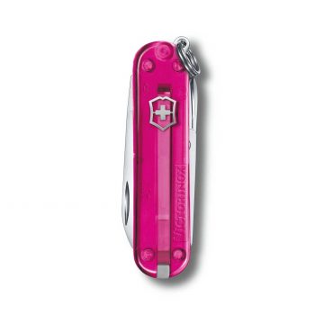 Anverso de la navaja multiusos Victorinox Classic SD Cupcake Dream en rosa transparente – Cuchillalia.com