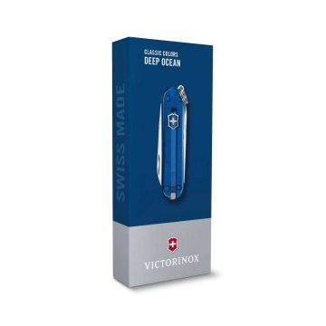 Envase de la navaja multiusos Victorinox Classic SD Deep Ocean en azul transparente – Cuchillalia.com