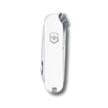 Anverso de la navaja multiusos Victorinox Classic SD Falling Snow en blanco – Cuchillalia.com