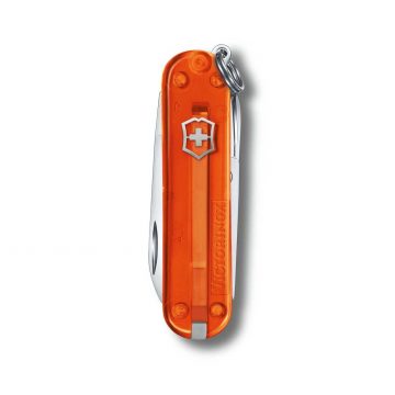 Anverso de la navaja multiusos Victorinox Classic SD Fire Opal en naranja transparente – Cuchillalia.com