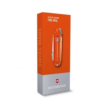 Envase de la navaja multiusos Victorinox Classic SD Fire Opal en naranja transparente – Cuchillalia.com