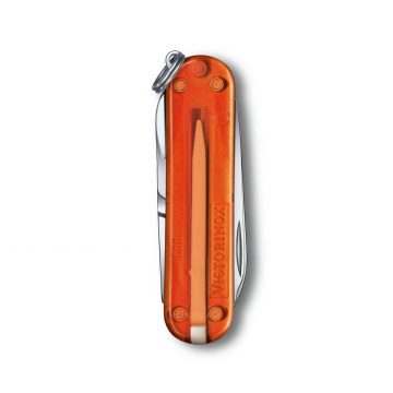 Reverso de la navaja multiusos Victorinox Classic SD Fire Opal en naranja transparente – Cuchillalia.com