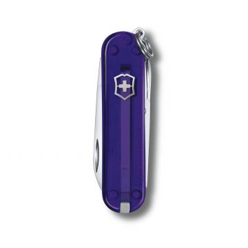 Anverso de la navaja multiusos Victorinox Classic SD Persian Indigo con mango transparente – Cuchillalia.com