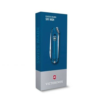 Envase de la navaja multiusos Victorinox Classic SD Sky High en azul transparente – Cuchillalia.com