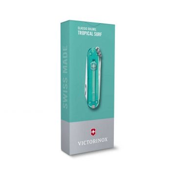 Envase de la navaja multiusos Victorinox Classic SD Tropical Surf en verde transparente – Cuchillalia.com