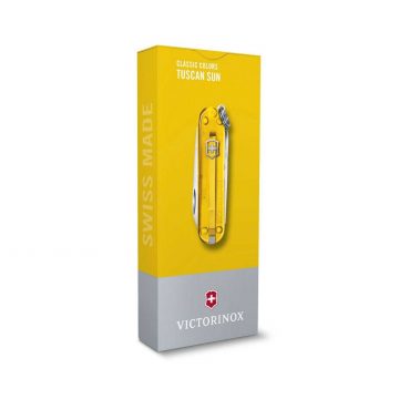 Envase de la navaja multiusos Victorinox Classic SD Tuscan Sun en amarillo transparente – Cuchillalia.com