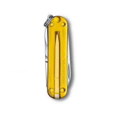 Reverso de la navaja multiusos Victorinox Classic SD Tuscan Sun en amarillo transparente – Cuchillalia.com