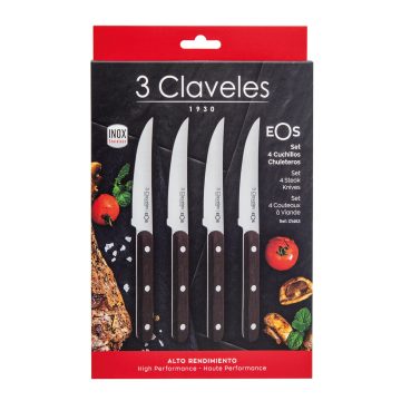 Set de 4 cuchillos chuleteros de filo liso y mango de madera en su envase – 3 Claveles EOS 1483 – Cuchillalia.com