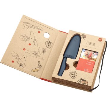 Cuchillo de cocina para niños Zwilling Kids Twinny de mango azul grisaceo con funda y protección para dedos presentado en su caja – Cuchillalia.com