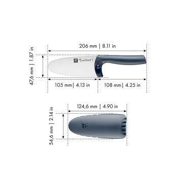 Medidas del cuchillo de cocina para niños Zwilling Kids Twinny de mango azul grisaceo con funda y protección para dedos – Cuchillalia.com