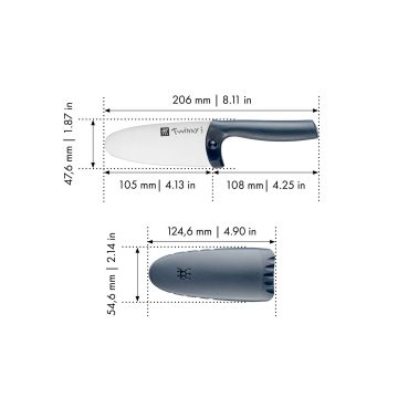 Medidas del cuchillo de cocina para niños Zwilling Kids Twinny de mango azul grisaceo con funda y protección para dedos – Cuchillalia.com