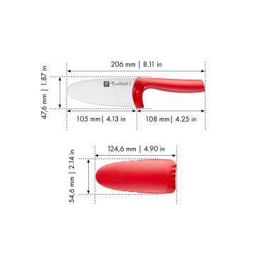 Medidas del cuchillo de cocina para niños Zwilling Kids Twinny de mango rojo con funda y protección para dedos – Cuchillalia.com