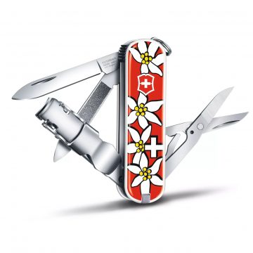 Cortauñas multiusos Victorinox Nail Clip 580, Edelweiss con flores, de 8 funciones, abierta – Cuchillalia.com