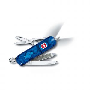 Navaja multiusos Victorinox Signature Lite de color azul transparente, con 7 funciones (linterna y bolígrafo) - Cuchillalia.com