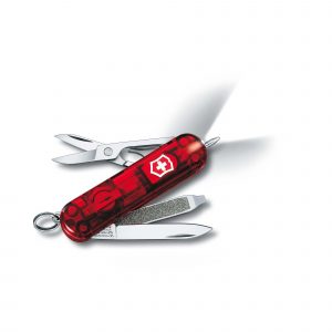 Navaja multiusos Victorinox Signature Lite de color rojo transparente, con 7 funciones (linterna y bolígrafo) - Cuchillalia.com