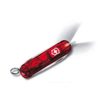 Navaja multiusos Victorinox Signature Lite cerrada de color rojo transparente, con 7 funciones (linterna y bolígrafo) – Cuchillalia.com