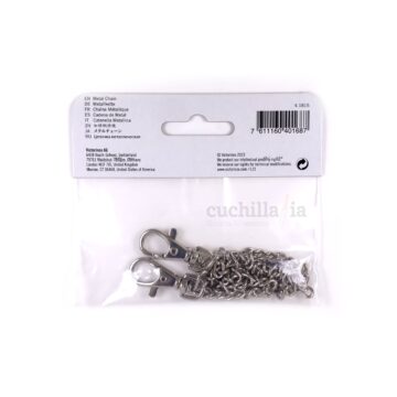 Reverso del blister de la cadena metálica fina de 40 cm con doble mosquetón Victorinox 4.1815 – Cuchillalia.com