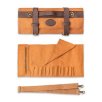 Estuche 12 cuchillos 3 Claveles 01498 cerrado y abierto hebillas metálicas dobles bandolera ajustable loneta encerada beige