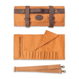 Estuche 12 cuchillos 3 Claveles 01498 cerrado y abierto hebillas metálicas dobles bandolera ajustable loneta encerada beige