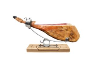 Soporte jamonero 3 Claveles con base de bambú natural, sistema giratorio cromado y jamón ibérico colocado profesionalmente