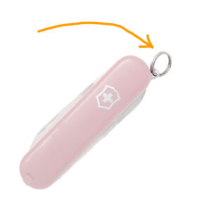 Anilla de recambio de 9 mm montada en el extremo de una navaja Victorinox pequeña de 58 mm color rosa